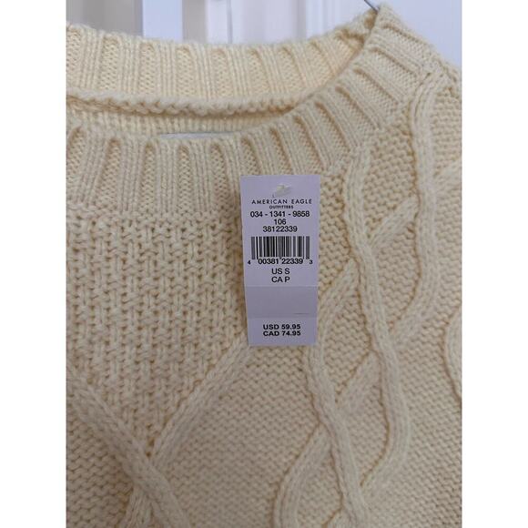 NEW NWT American Eagle Cable Knit Fringe Sleeve Sweater Cream size Small - Picture 7 of 9